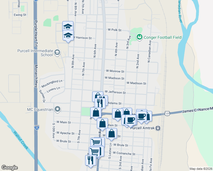 map of restaurants, bars, coffee shops, grocery stores, and more near 420 Truman Place in Purcell