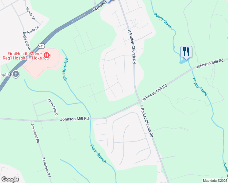 map of restaurants, bars, coffee shops, grocery stores, and more near 235 Van Buren Drive in Raeford