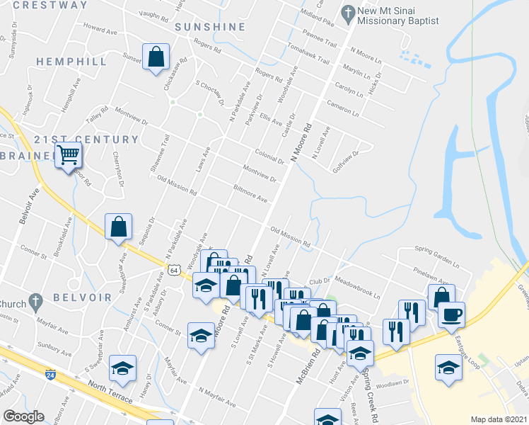 map of restaurants, bars, coffee shops, grocery stores, and more near 305 North Moore Road in Chattanooga