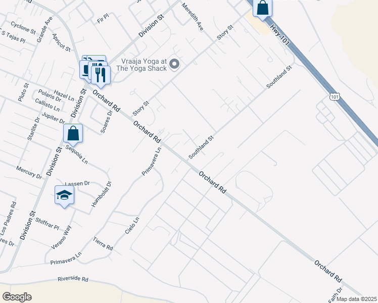 map of restaurants, bars, coffee shops, grocery stores, and more near 870 Southland Street in Nipomo