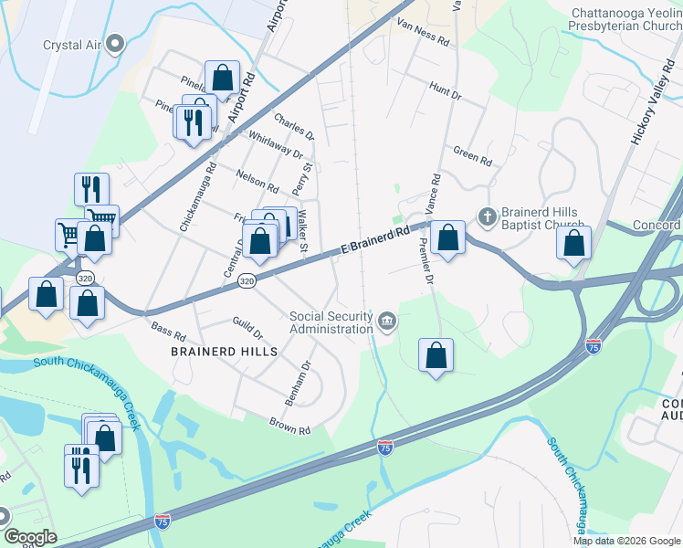 map of restaurants, bars, coffee shops, grocery stores, and more near 106 Benham Drive in Chattanooga