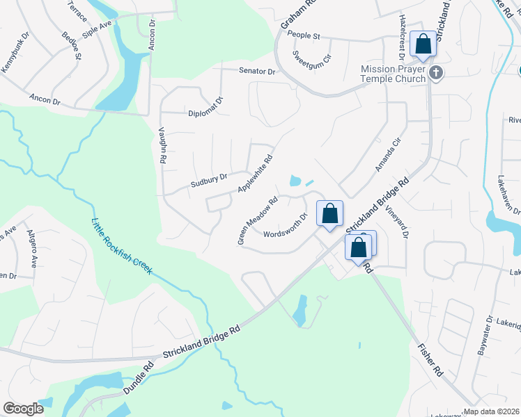 map of restaurants, bars, coffee shops, grocery stores, and more near 6447 Green Meadow Road in Fayetteville