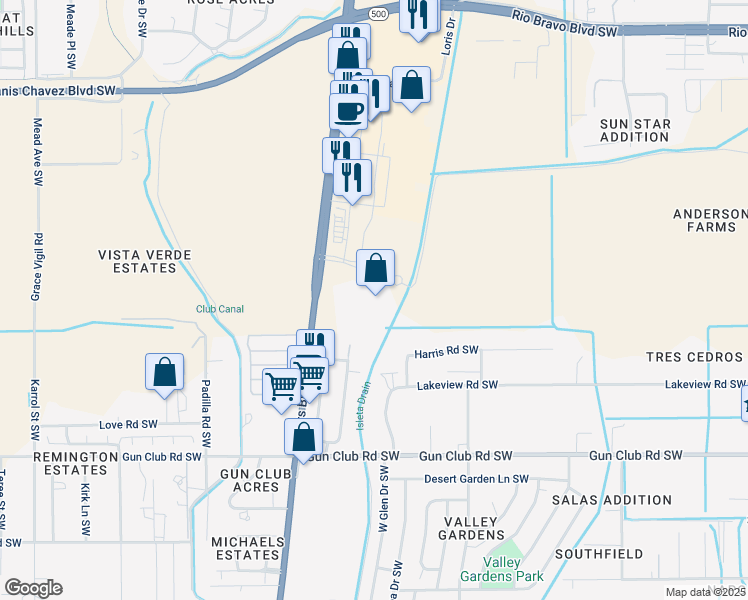 map of restaurants, bars, coffee shops, grocery stores, and more near 3620 Las Estancias Drive in Albuquerque