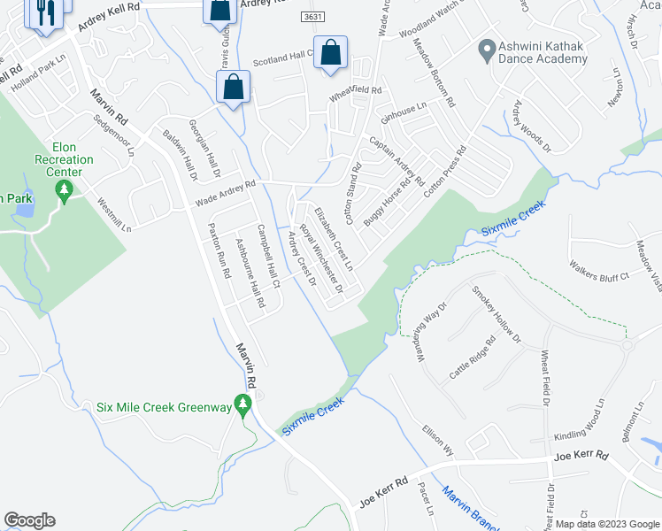 map of restaurants, bars, coffee shops, grocery stores, and more near 10511 Royal Winchester Drive in Charlotte