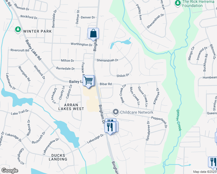 map of restaurants, bars, coffee shops, grocery stores, and more near 1800 Balmoral Drive in Fayetteville