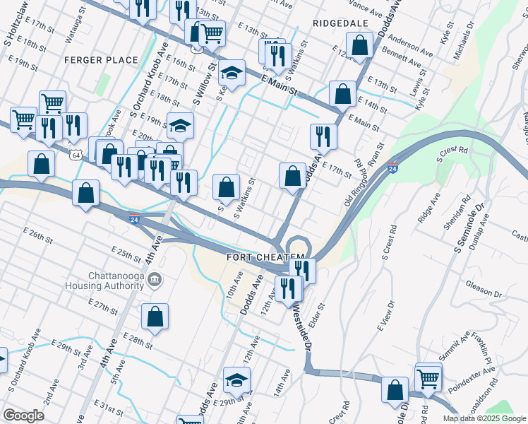 map of restaurants, bars, coffee shops, grocery stores, and more near 2408 East 21st Street in Chattanooga