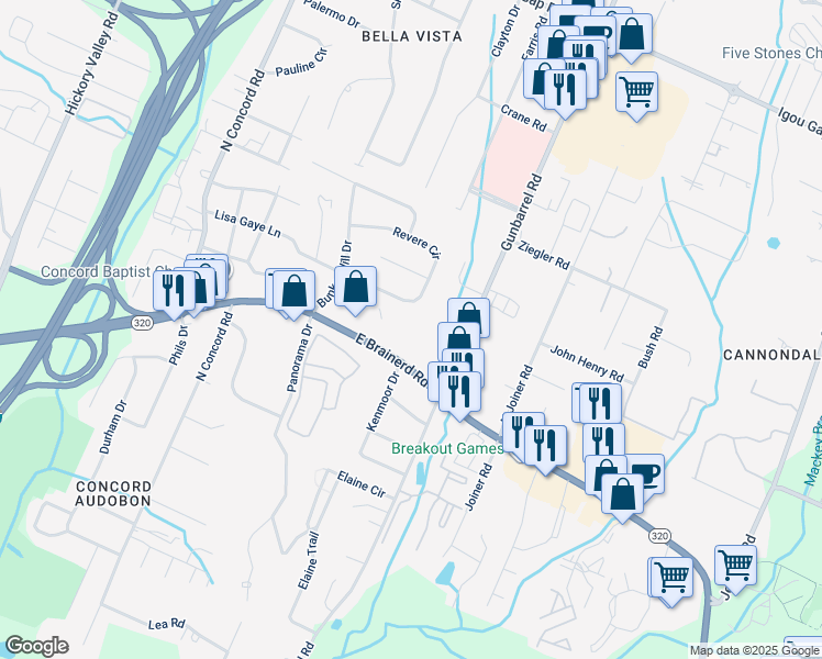 map of restaurants, bars, coffee shops, grocery stores, and more near 7301 East Brainerd Road in Chattanooga