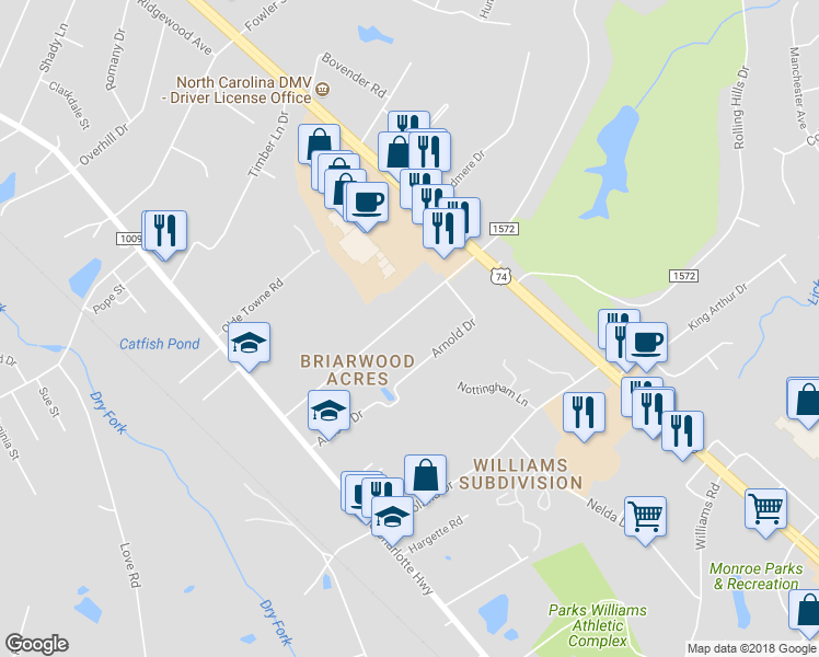 map of restaurants, bars, coffee shops, grocery stores, and more near 2534 Carroll Street in Monroe
