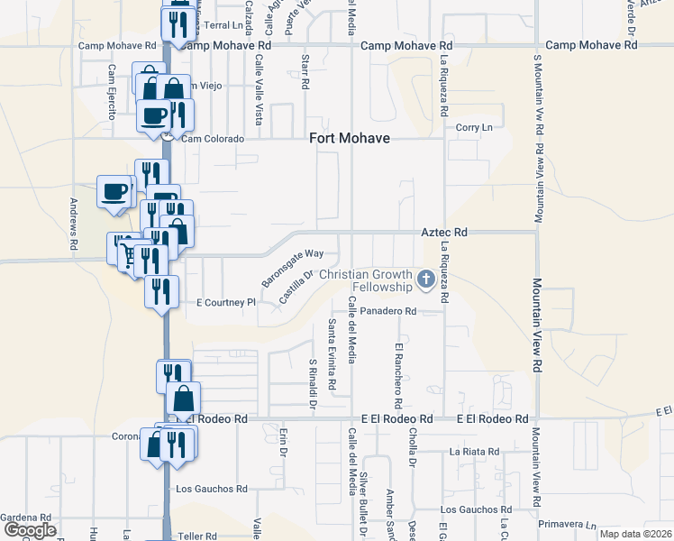 map of restaurants, bars, coffee shops, grocery stores, and more near 4790 Castilla Drive in Fort Mohave
