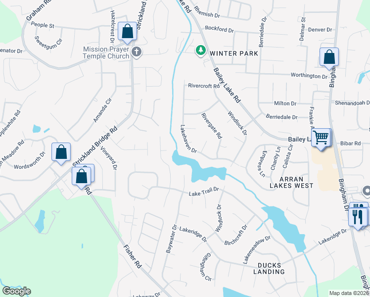 map of restaurants, bars, coffee shops, grocery stores, and more near 6248 Lakehaven Drive in Fayetteville