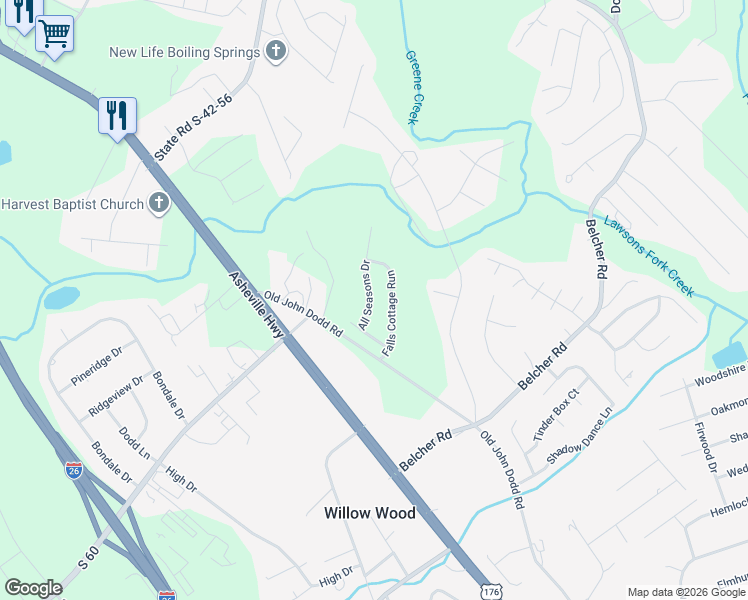 map of restaurants, bars, coffee shops, grocery stores, and more near 420 All Seasons Drive in Boiling Springs
