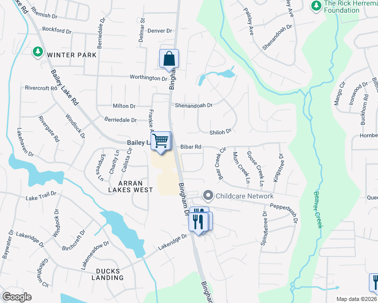 map of restaurants, bars, coffee shops, grocery stores, and more near 1820 Balmoral Drive in Fayetteville