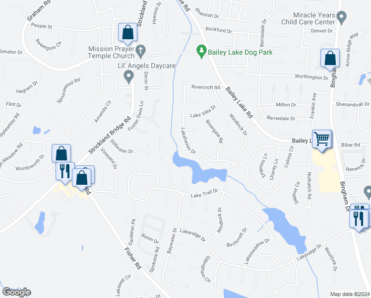 map of restaurants, bars, coffee shops, grocery stores, and more near 6257 Lakehaven Drive in Fayetteville