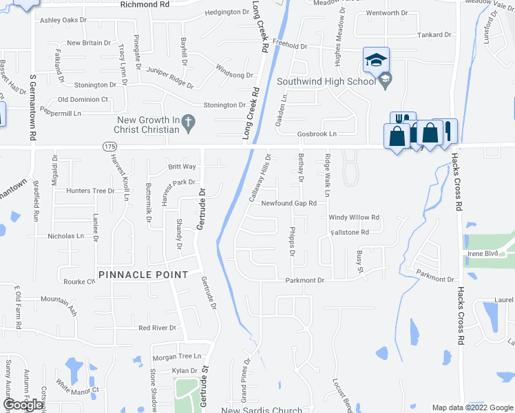 map of restaurants, bars, coffee shops, grocery stores, and more near 7651 Newfound Gap Road in Memphis