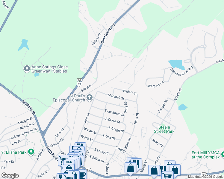 map of restaurants, bars, coffee shops, grocery stores, and more near 102 Hallett Street in Fort Mill