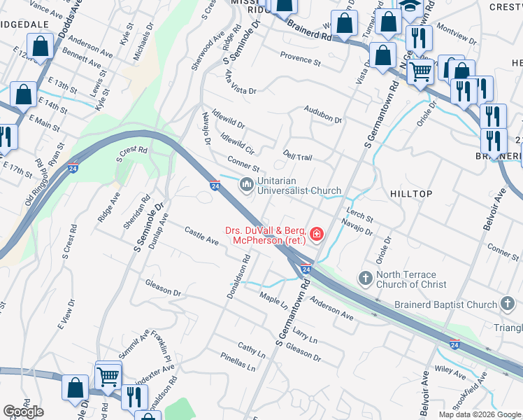 map of restaurants, bars, coffee shops, grocery stores, and more near 409 Donaldson Road in Chattanooga