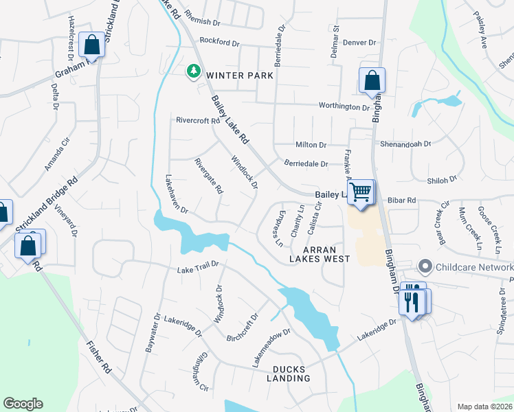 map of restaurants, bars, coffee shops, grocery stores, and more near 5801 Dockridge Court in Fayetteville