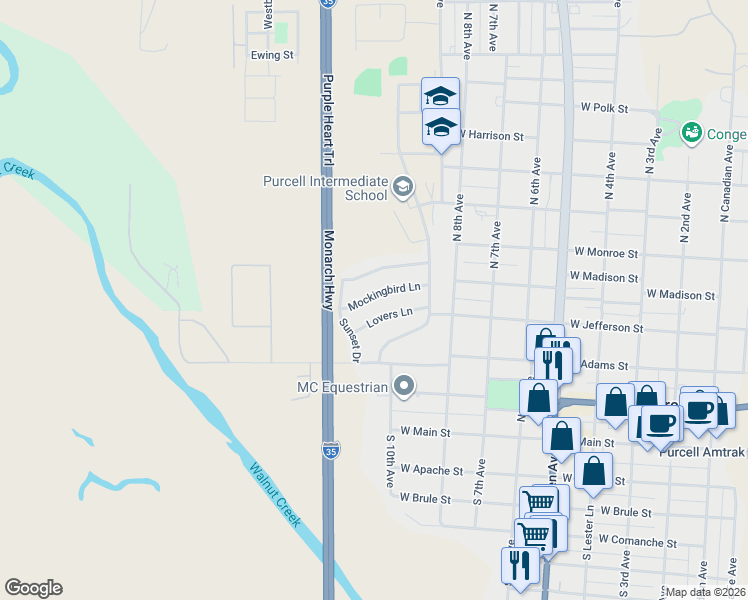 map of restaurants, bars, coffee shops, grocery stores, and more near 918 Mockingbird Lane in Purcell