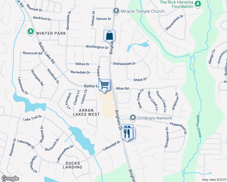 map of restaurants, bars, coffee shops, grocery stores, and more near 1738 Bingham Drive in Fayetteville