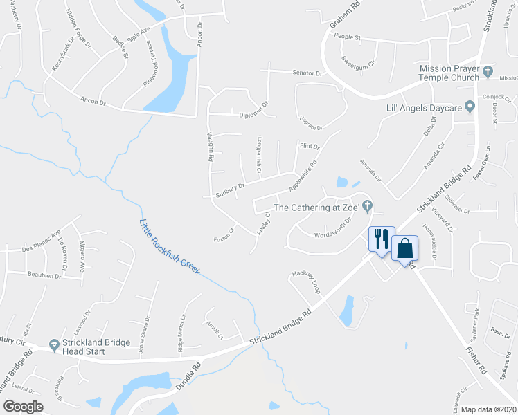map of restaurants, bars, coffee shops, grocery stores, and more near 6549 Applewhite Road in Fayetteville