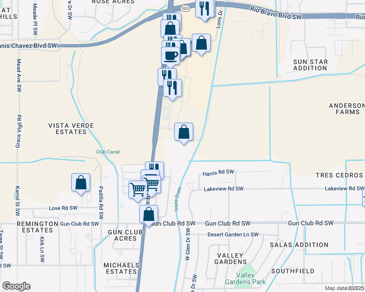 map of restaurants, bars, coffee shops, grocery stores, and more near 3620 Las Estancias Drive in Albuquerque