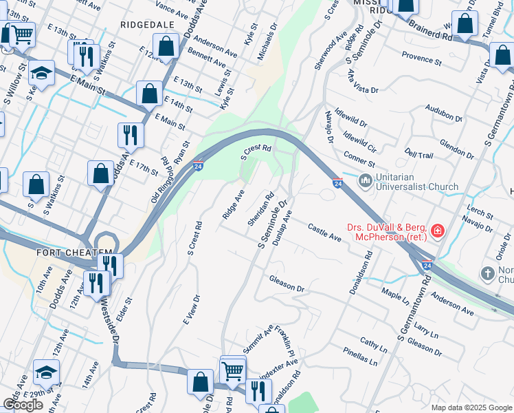 map of restaurants, bars, coffee shops, grocery stores, and more near 12 Laurel Lane in East Ridge