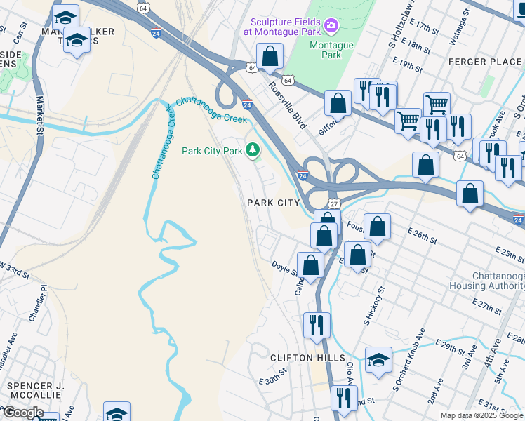 map of restaurants, bars, coffee shops, grocery stores, and more near 2737A Cannon Avenue in Chattanooga