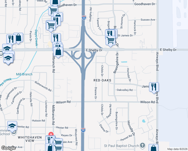 map of restaurants, bars, coffee shops, grocery stores, and more near 4800 Dianne Drive in Memphis