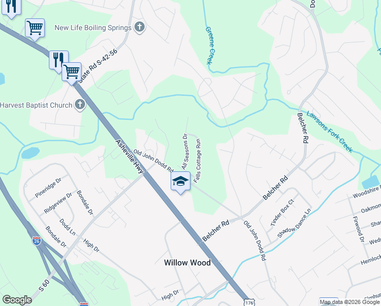 map of restaurants, bars, coffee shops, grocery stores, and more near 420 All Seasons Drive in Boiling Springs