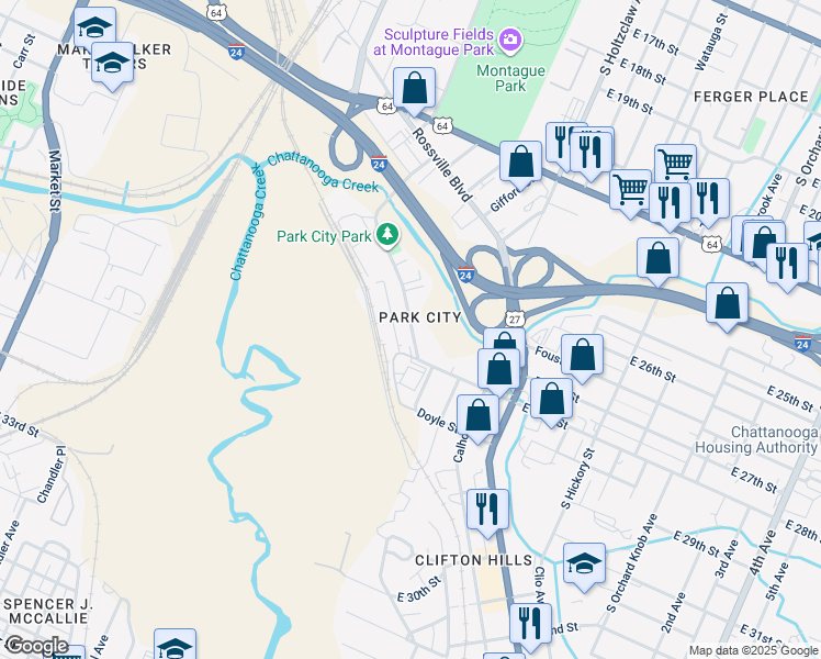 map of restaurants, bars, coffee shops, grocery stores, and more near 2737A Cannon Avenue in Chattanooga