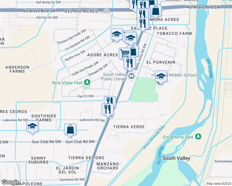 map of restaurants, bars, coffee shops, grocery stores, and more near 4017 Isleta Boulevard Southwest in Albuquerque