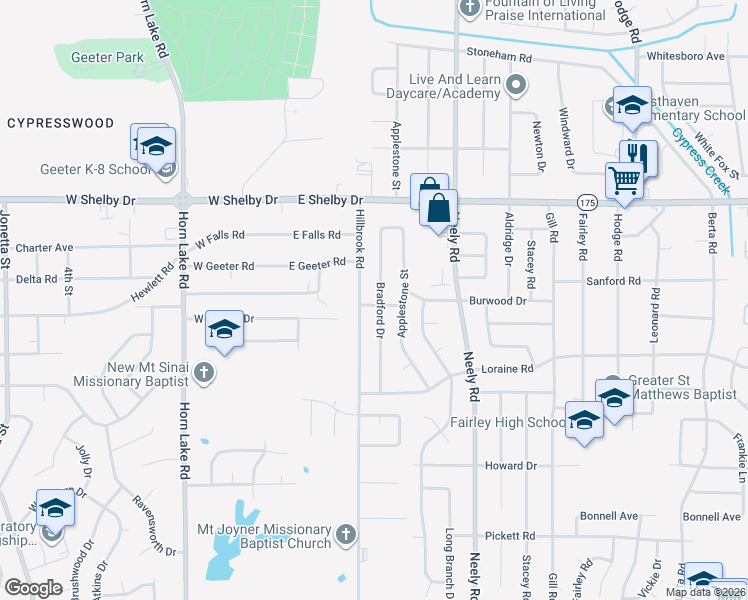 map of restaurants, bars, coffee shops, grocery stores, and more near 4799 Bradford Drive in Memphis