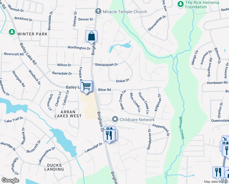 map of restaurants, bars, coffee shops, grocery stores, and more near 1770 Renwick Drive in Fayetteville