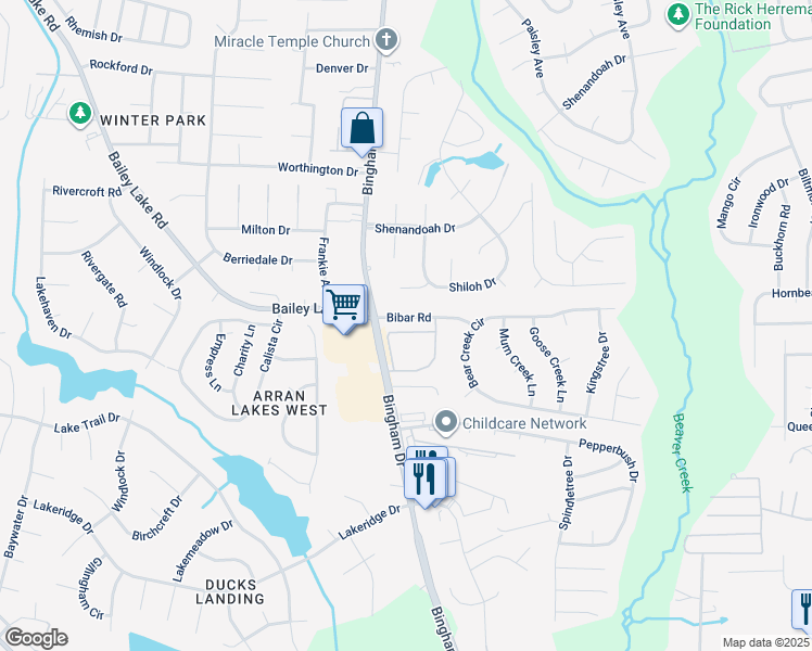 map of restaurants, bars, coffee shops, grocery stores, and more near 1820 Balmoral Drive in Fayetteville