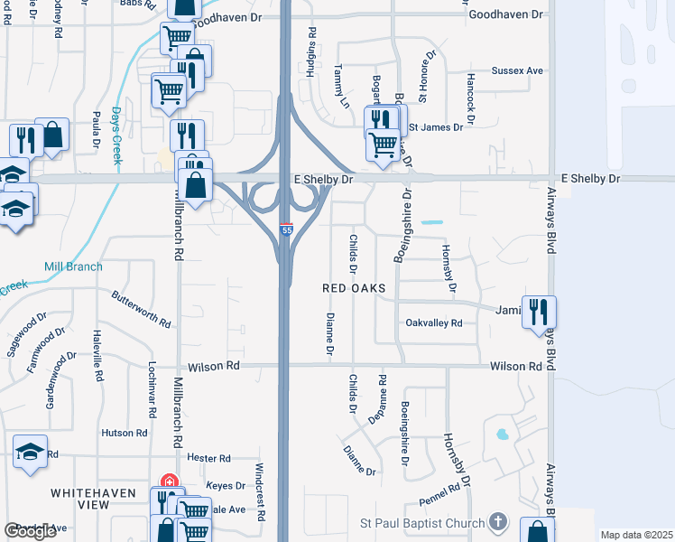 map of restaurants, bars, coffee shops, grocery stores, and more near 4800 Dianne Drive in Memphis