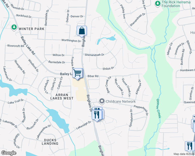 map of restaurants, bars, coffee shops, grocery stores, and more near 1800 Balmoral Drive in Fayetteville