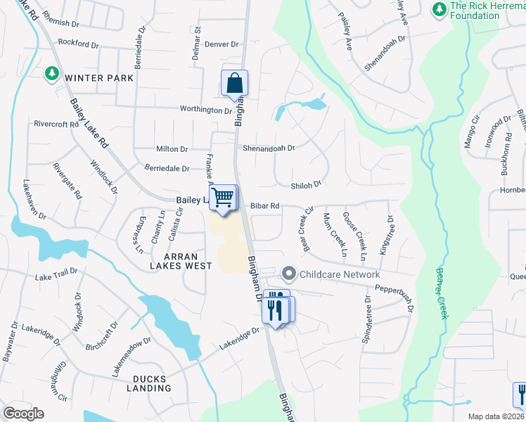 map of restaurants, bars, coffee shops, grocery stores, and more near 1830 Balmoral Drive in Fayetteville