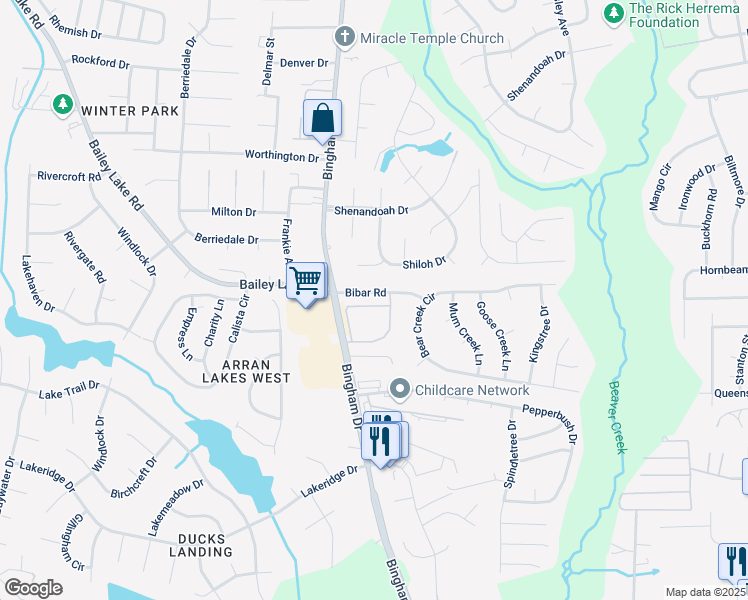 map of restaurants, bars, coffee shops, grocery stores, and more near 1810 Balmoral Drive in Fayetteville