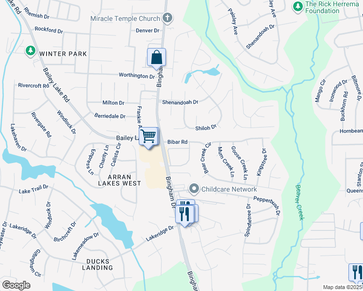map of restaurants, bars, coffee shops, grocery stores, and more near 1810 Balmoral Drive in Fayetteville