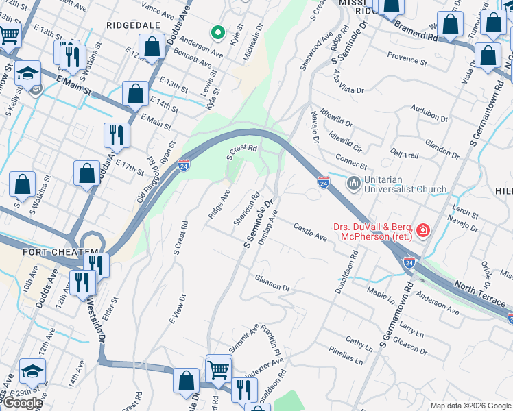 map of restaurants, bars, coffee shops, grocery stores, and more near 510 South Seminole Drive in Chattanooga