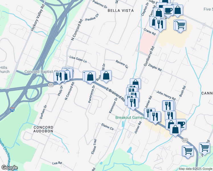 map of restaurants, bars, coffee shops, grocery stores, and more near 7235 Tennessee 320 in Chattanooga