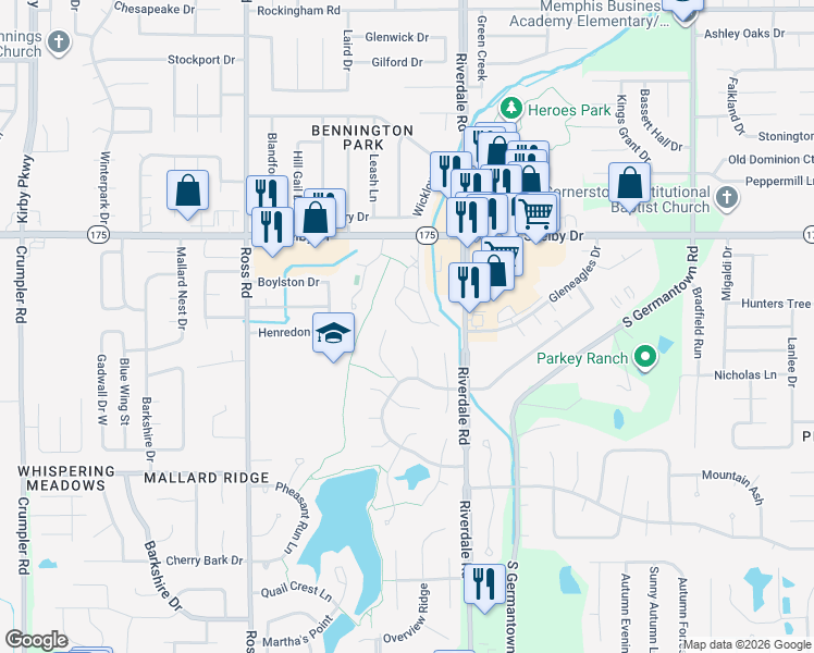 map of restaurants, bars, coffee shops, grocery stores, and more near 4783 Lynngate Drive in Memphis