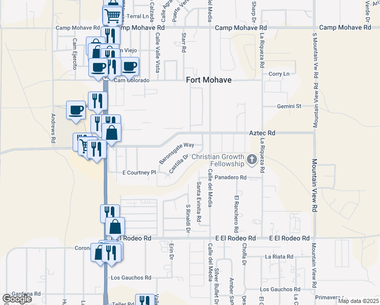 map of restaurants, bars, coffee shops, grocery stores, and more near 4817 Castilla Drive in Fort Mohave
