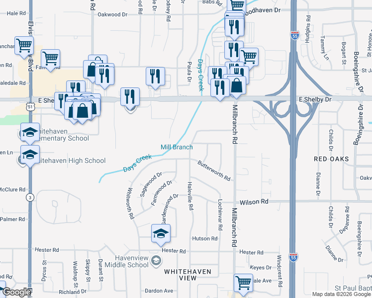 map of restaurants, bars, coffee shops, grocery stores, and more near 4807 Haleville Road in Memphis
