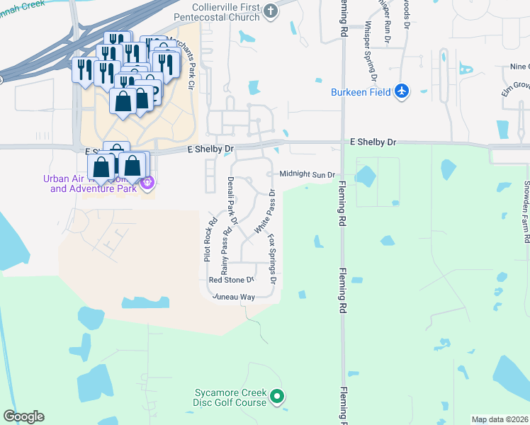 map of restaurants, bars, coffee shops, grocery stores, and more near 4800 Rainy Pass Road in Collierville