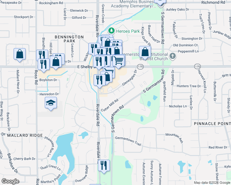 map of restaurants, bars, coffee shops, grocery stores, and more near 7031 Gleneagles Drive in Memphis