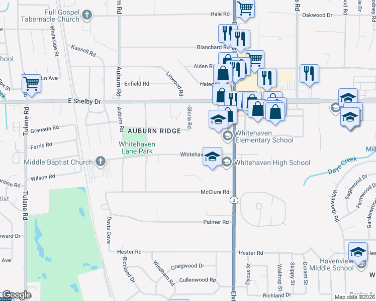 map of restaurants, bars, coffee shops, grocery stores, and more near 1064 Whitehaven Lane in Memphis