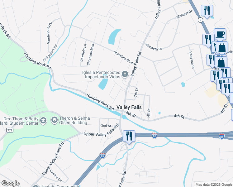 map of restaurants, bars, coffee shops, grocery stores, and more near 224 Bandallon Place in Boiling Springs