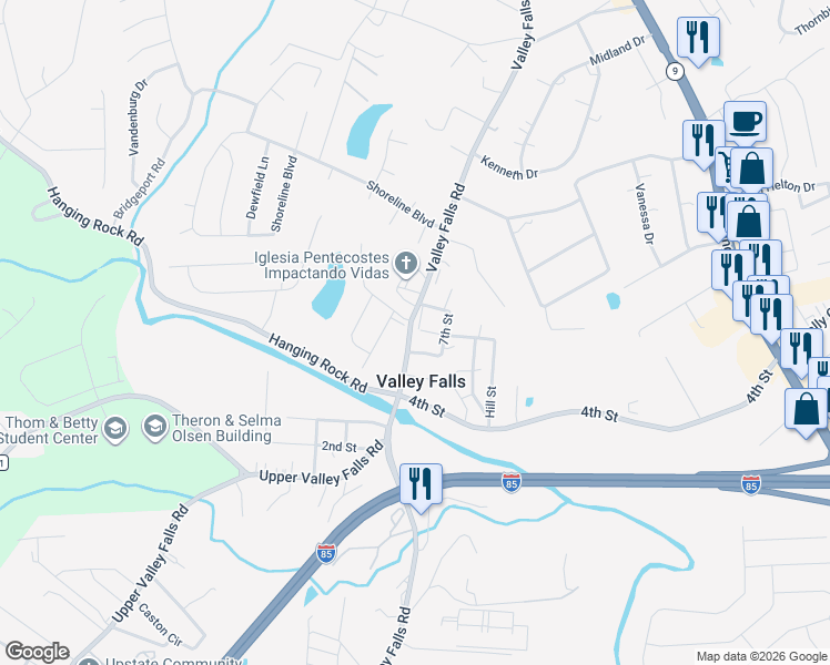 map of restaurants, bars, coffee shops, grocery stores, and more near 8334 Valley Falls Road in Boiling Springs