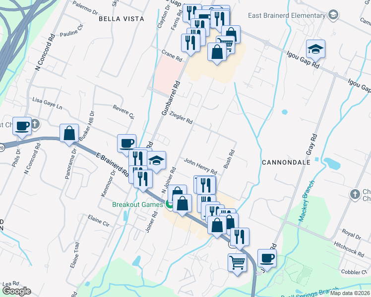 map of restaurants, bars, coffee shops, grocery stores, and more near 1612 North Joiner Road in Chattanooga